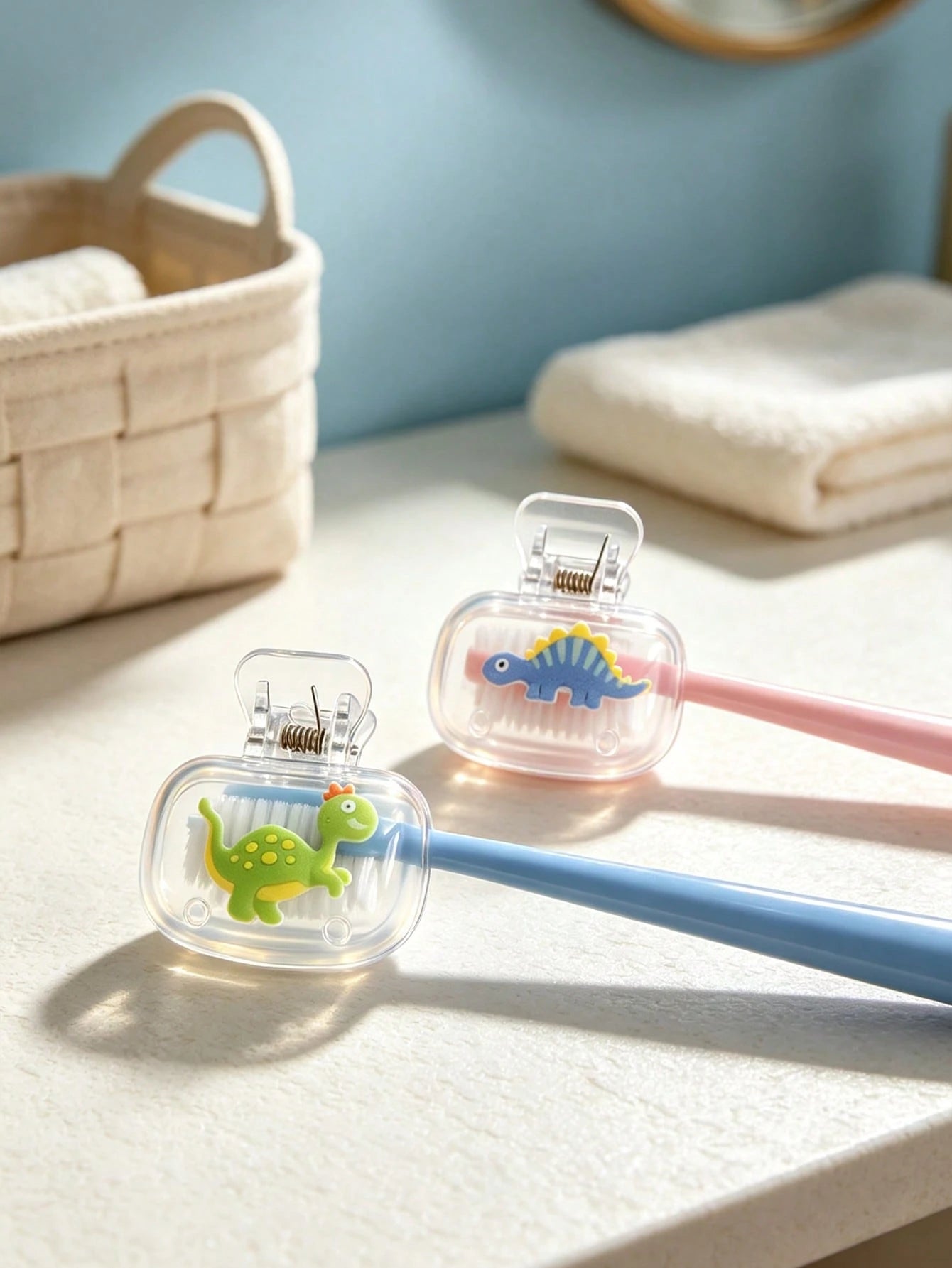 2pcs Cute Dinosaur Toothbrush Holder- Children's Bathroom Wall-Mounted Storage Rack, Baby Bathroom Supplies, Baby Essentials, Bathroom Decor
