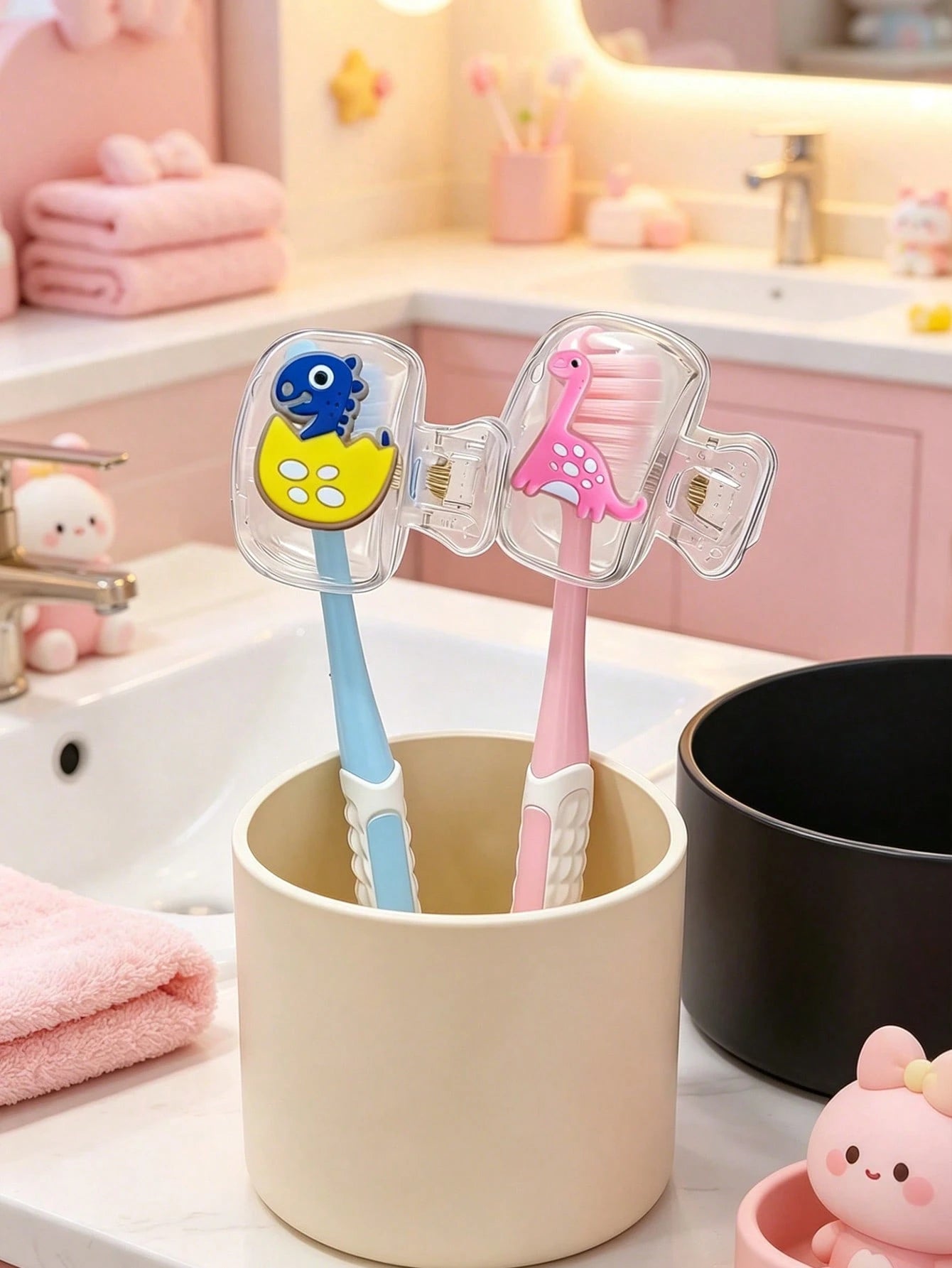 2pcs Cute Dinosaur Toothbrush Holder- Children's Bathroom Wall-Mounted Storage Rack, Baby Bathroom Supplies, Baby Essentials, Bathroom Decor