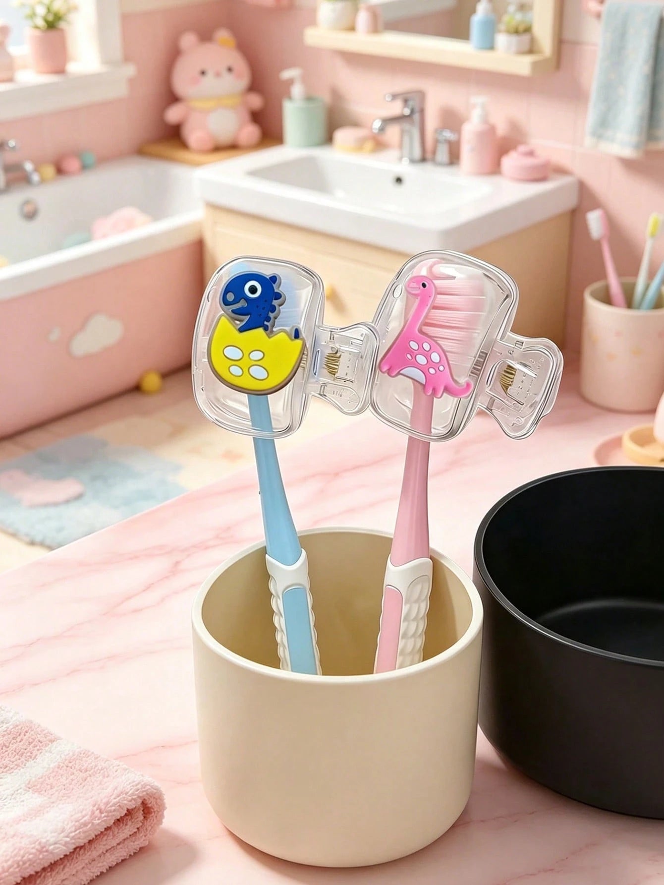 2pcs Cute Dinosaur Toothbrush Holder- Children's Bathroom Wall-Mounted Storage Rack, Baby Bathroom Supplies, Baby Essentials, Bathroom Decor