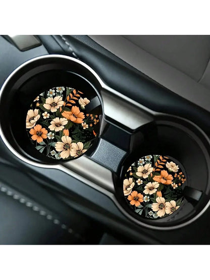 2pcs Floral Pattern Absorbent Cup Coaster, Stylish & Durable Fast-Drying Non-Slip Car Cup Mat