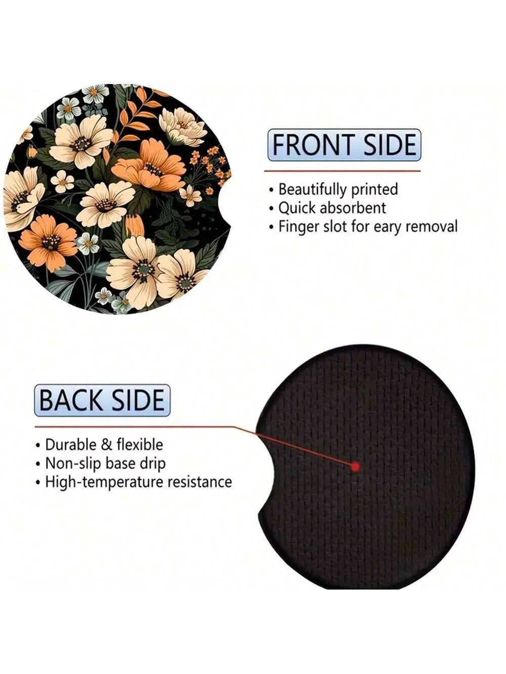 2pcs Floral Pattern Absorbent Cup Coaster, Stylish & Durable Fast-Drying Non-Slip Car Cup Mat