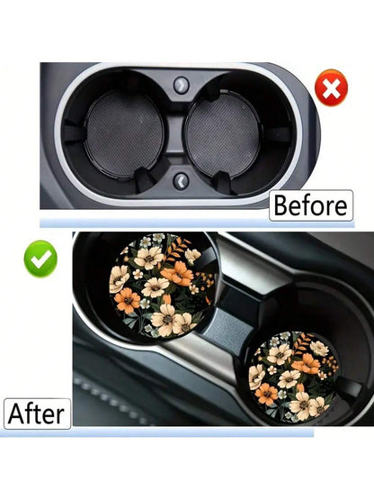 2pcs Floral Pattern Absorbent Cup Coaster, Stylish & Durable Fast-Drying Non-Slip Car Cup Mat