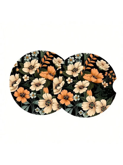 2pcs Floral Pattern Absorbent Cup Coaster, Stylish & Durable Fast-Drying Non-Slip Car Cup Mat
