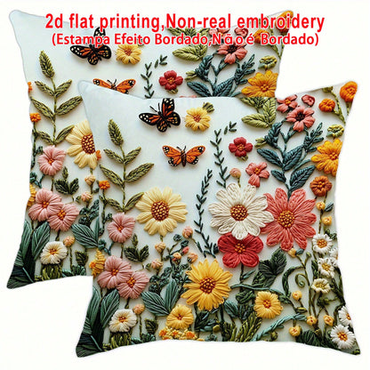 2pcs Floral Print Throw Pillow Covers (Pillow Pattern Is Printed, Not Embroidered), Spring Flower & Butterfly Pattern, Spring Decor, Polyester Fabric Cushion Cover, Bedroom Decor| Pastoral Style, Mac