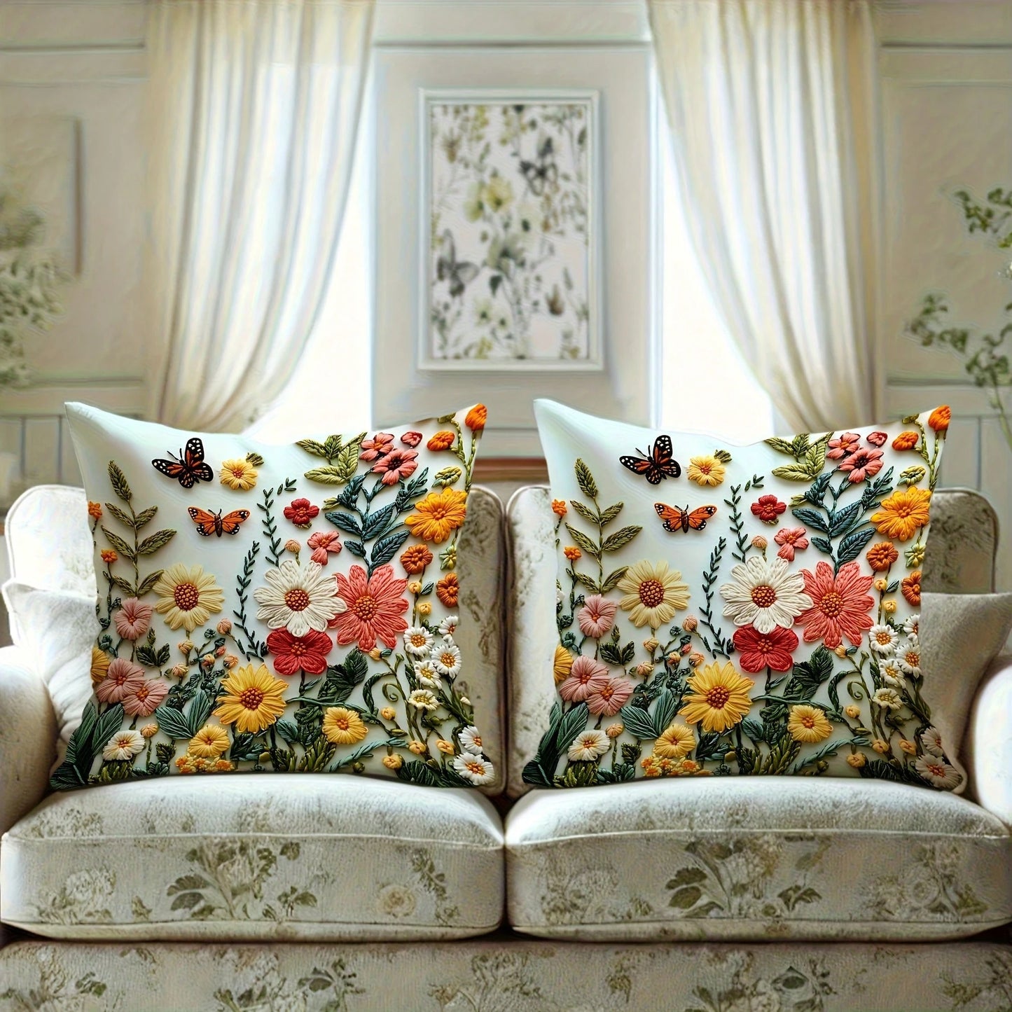 2pcs Floral Print Throw Pillow Covers (Pillow Pattern Is Printed, Not Embroidered), Spring Flower & Butterfly Pattern, Spring Decor, Polyester Fabric Cushion Cover, Bedroom Decor| Pastoral Style, Mac