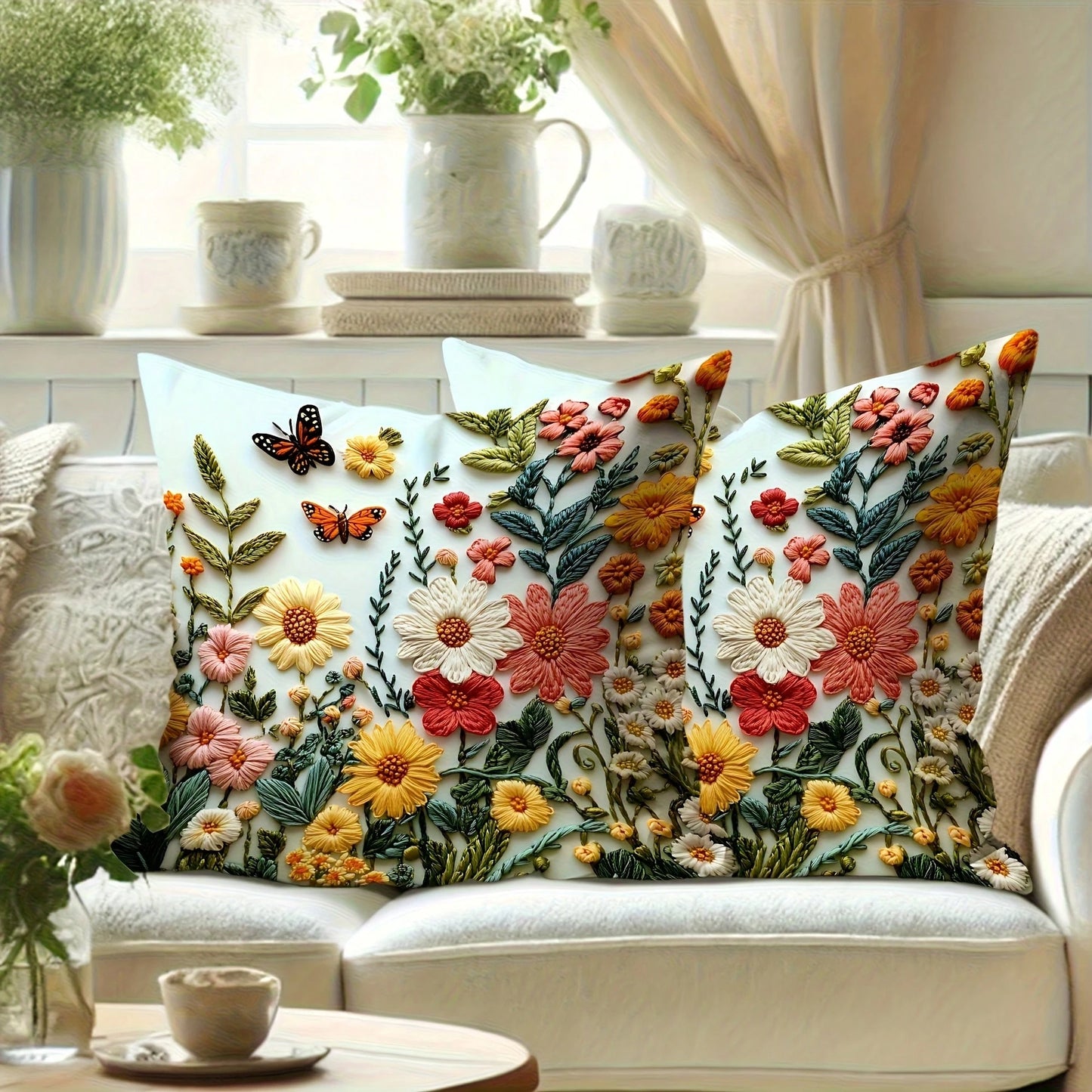 2pcs Floral Print Throw Pillow Covers (Pillow Pattern Is Printed, Not Embroidered), Spring Flower & Butterfly Pattern, Spring Decor, Polyester Fabric Cushion Cover, Bedroom Decor| Pastoral Style, Mac