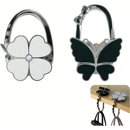2PCS Foldable Handbag Hanger Butterfly And Four Leaf Clover Design Purse Hook For Table Hangs Almost Anywhere