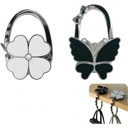 2PCS Foldable Handbag Hanger Butterfly And Four Leaf Clover Design Purse Hook For Table Hangs Almost Anywhere