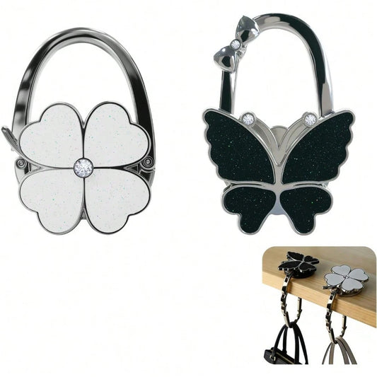 2PCS Foldable Handbag Hanger Butterfly And Four Leaf Clover Design Purse Hook For Table Hangs Almost Anywhere
