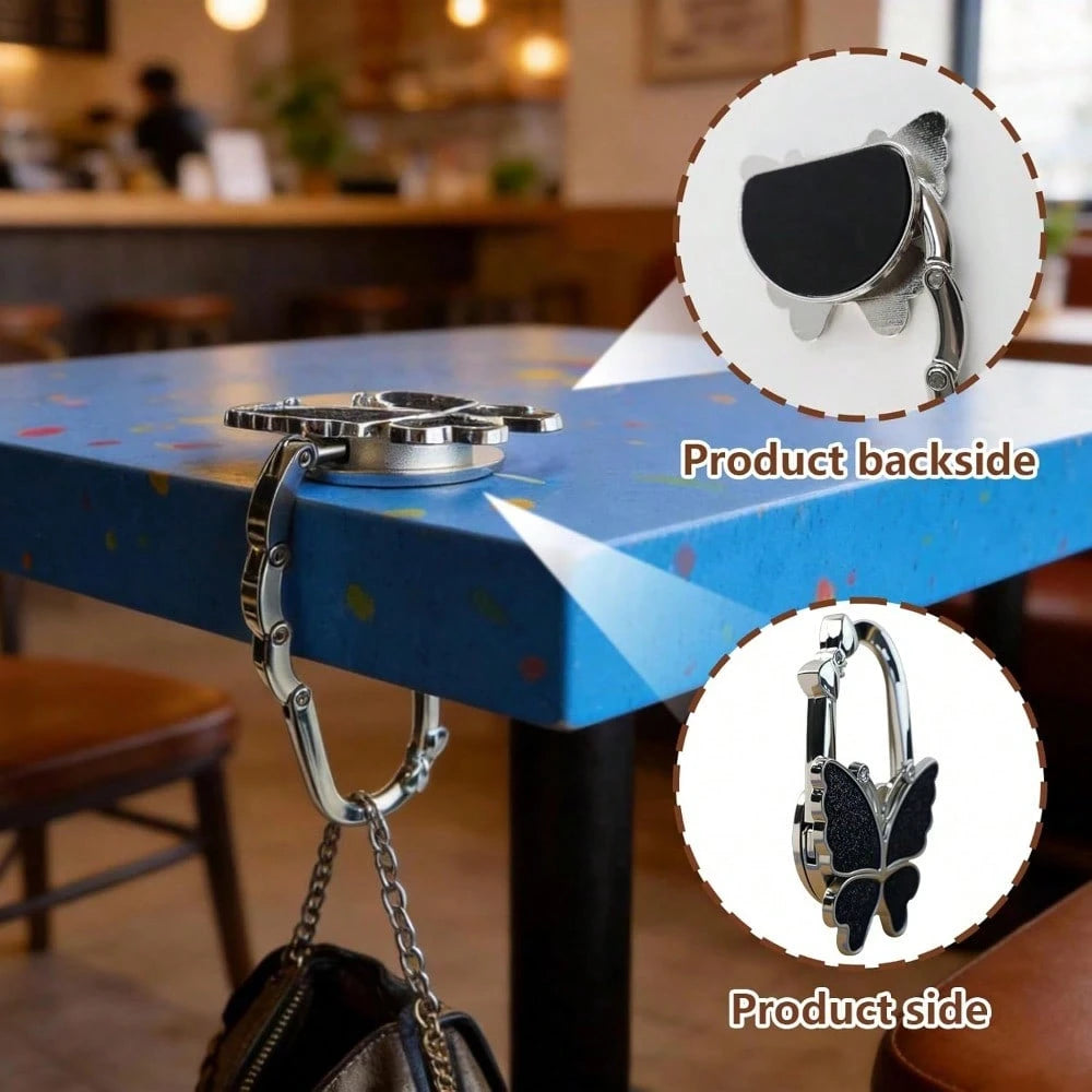 2PCS Foldable Handbag Hanger Butterfly And Four Leaf Clover Design Purse Hook For Table Hangs Almost Anywhere