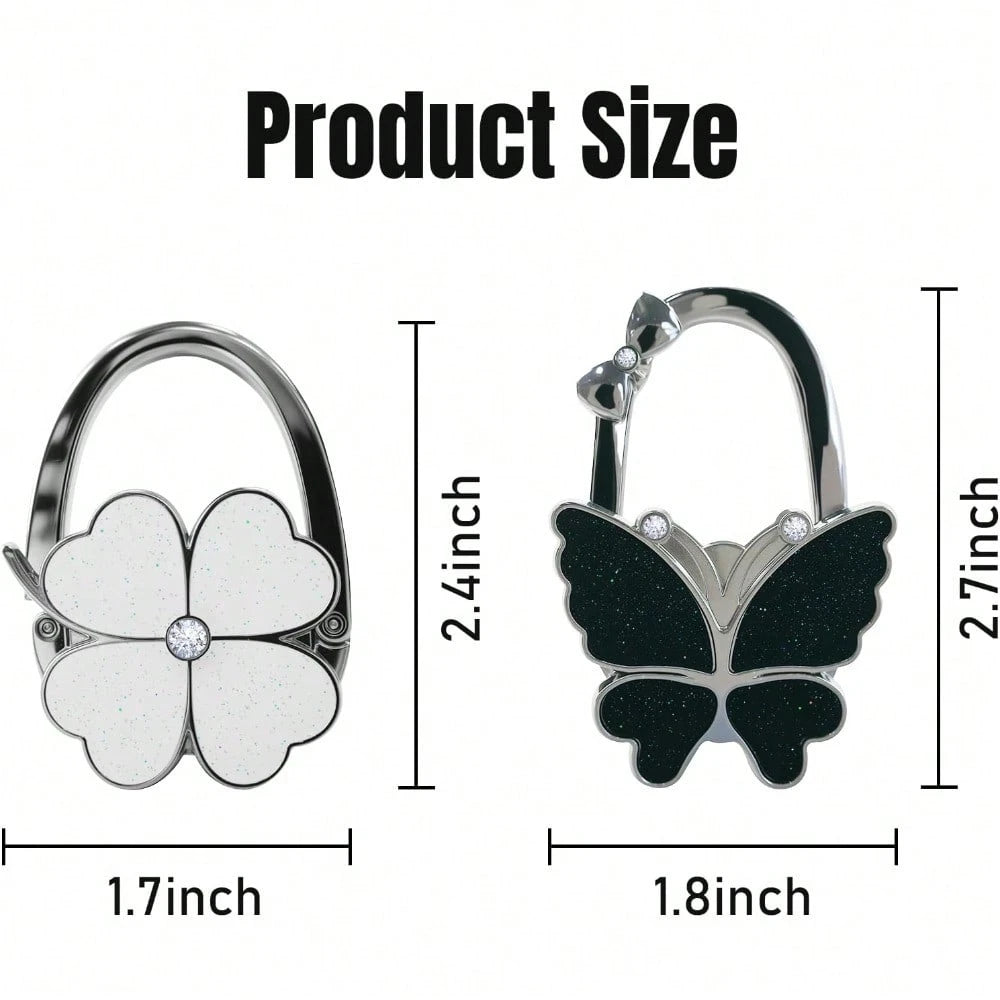 2PCS Foldable Handbag Hanger Butterfly And Four Leaf Clover Design Purse Hook For Table Hangs Almost Anywhere