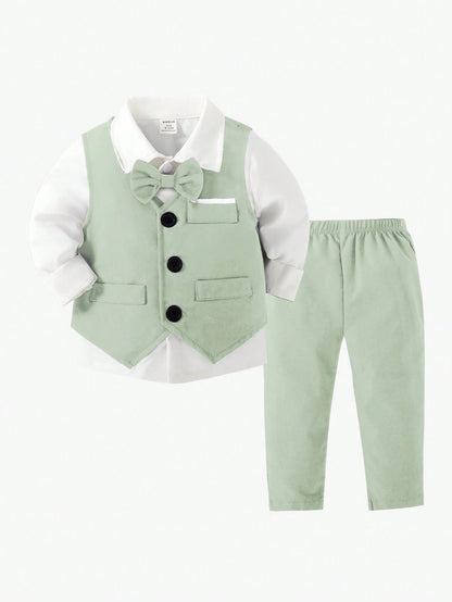 2pcs Gentleman Suit Includes Woven Vest And Trousers, Suitable For Birthday Party, Wedding, Stage Performance, Baby Boy Clothes