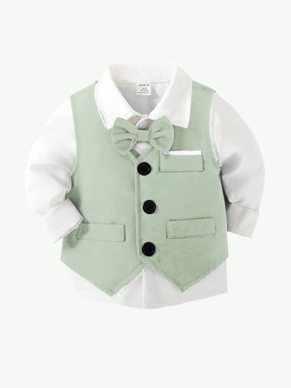 2pcs Gentleman Suit Includes Woven Vest And Trousers, Suitable For Birthday Party, Wedding, Stage Performance, Baby Boy Clothes