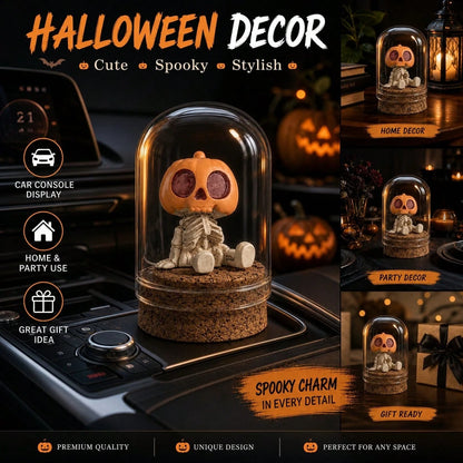 2pcs Halloween Pumpkin Skull Glass Dome Car Dashboard Decor, Mini Pumpkin Lantern Skull Resin Statue In Glass Cloak, Spooky Gothic Car Interior, Autumn Home Desktop Halloween Party Decoration Gift