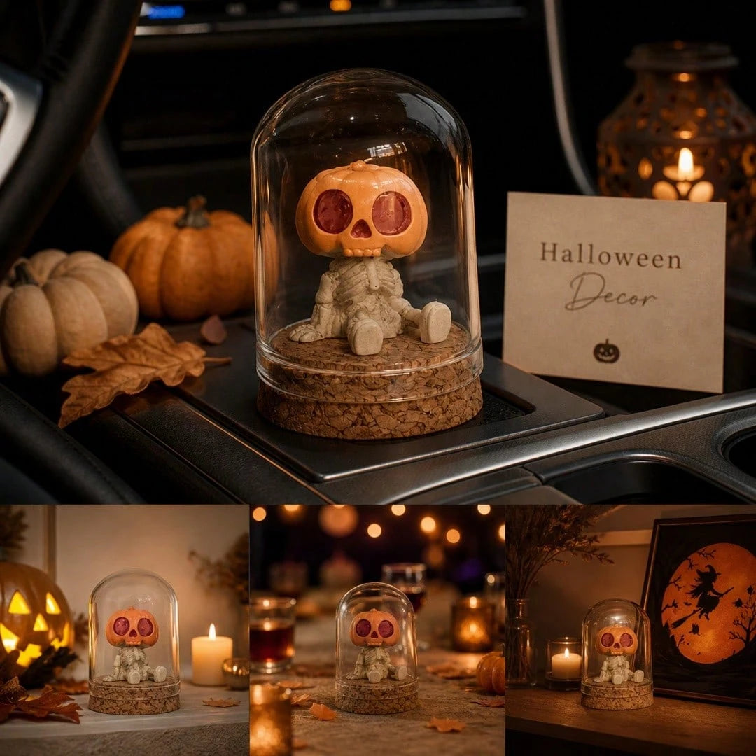2pcs Halloween Pumpkin Skull Glass Dome Car Dashboard Decor, Mini Pumpkin Lantern Skull Resin Statue In Glass Cloak, Spooky Gothic Car Interior, Autumn Home Desktop Halloween Party Decoration Gift