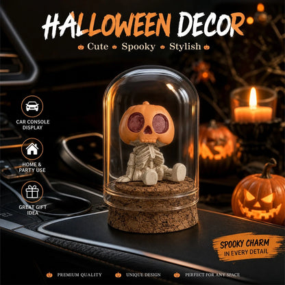 2pcs Halloween Pumpkin Skull Glass Dome Car Dashboard Decor, Mini Pumpkin Lantern Skull Resin Statue In Glass Cloak, Spooky Gothic Car Interior, Autumn Home Desktop Halloween Party Decoration Gift