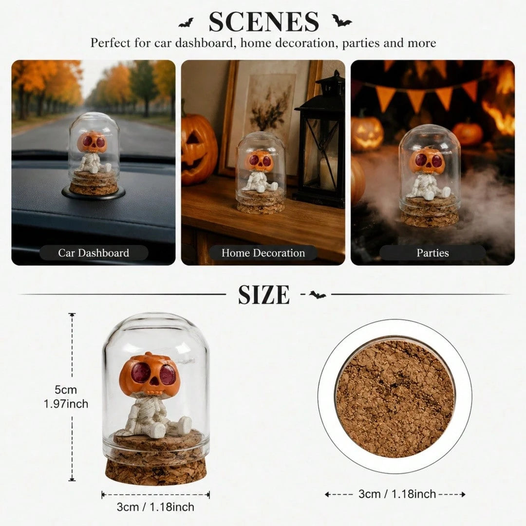 2pcs Halloween Pumpkin Skull Glass Dome Car Dashboard Decor, Mini Pumpkin Lantern Skull Resin Statue In Glass Cloak, Spooky Gothic Car Interior, Autumn Home Desktop Halloween Party Decoration Gift