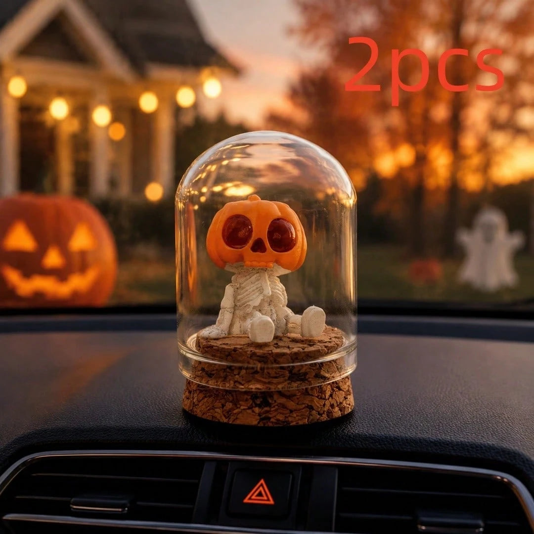 2pcs Halloween Pumpkin Skull Glass Dome Car Dashboard Decor, Mini Pumpkin Lantern Skull Resin Statue In Glass Cloak, Spooky Gothic Car Interior, Autumn Home Desktop Halloween Party Decoration Gift