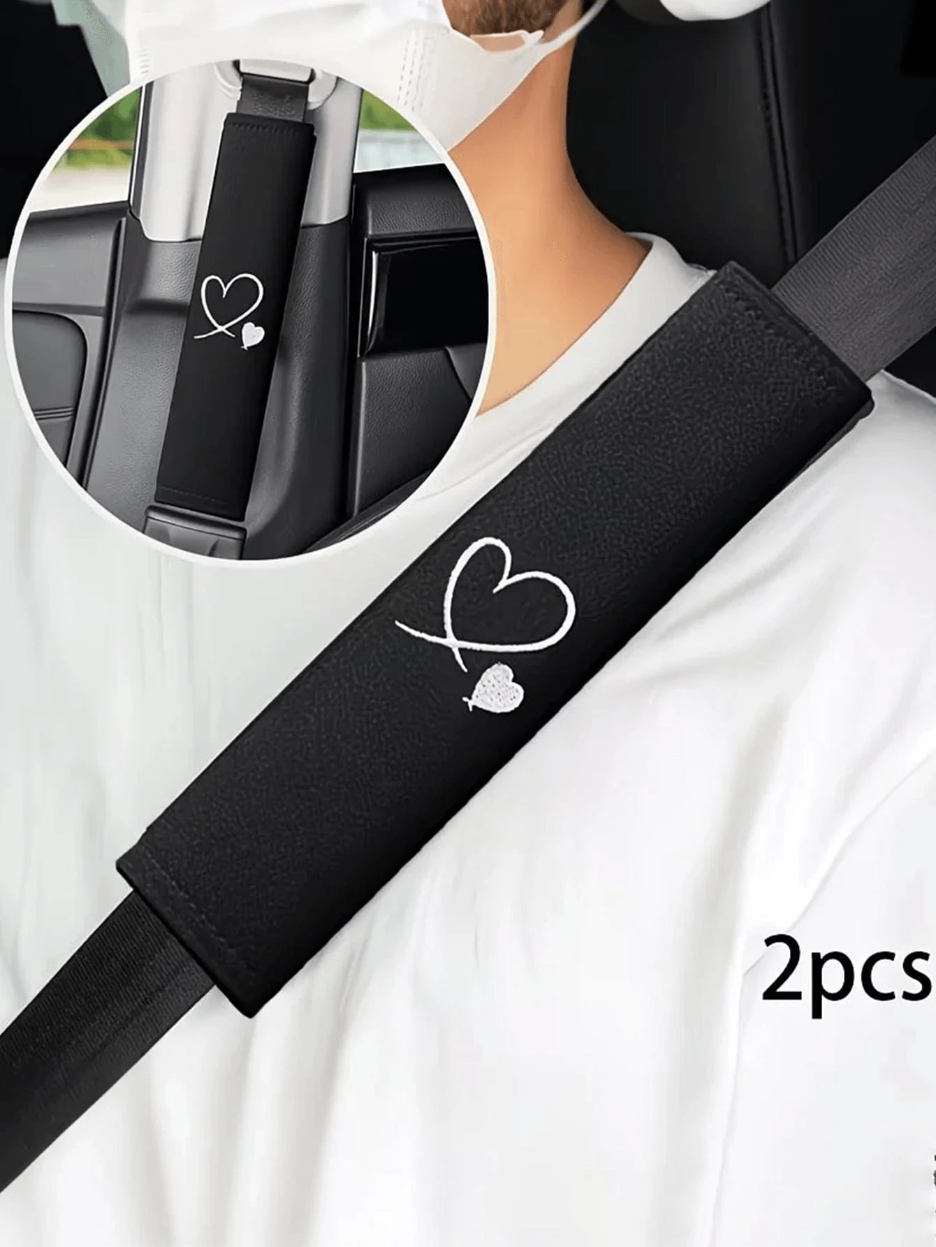 2pcs Heart Embroidered Car Seat Belt Shoulder Pads, Black Car Accessories, Soft Breathable Fabric, Enhance Interior Comfort, Upgrade Driving Experience, Fashion Design