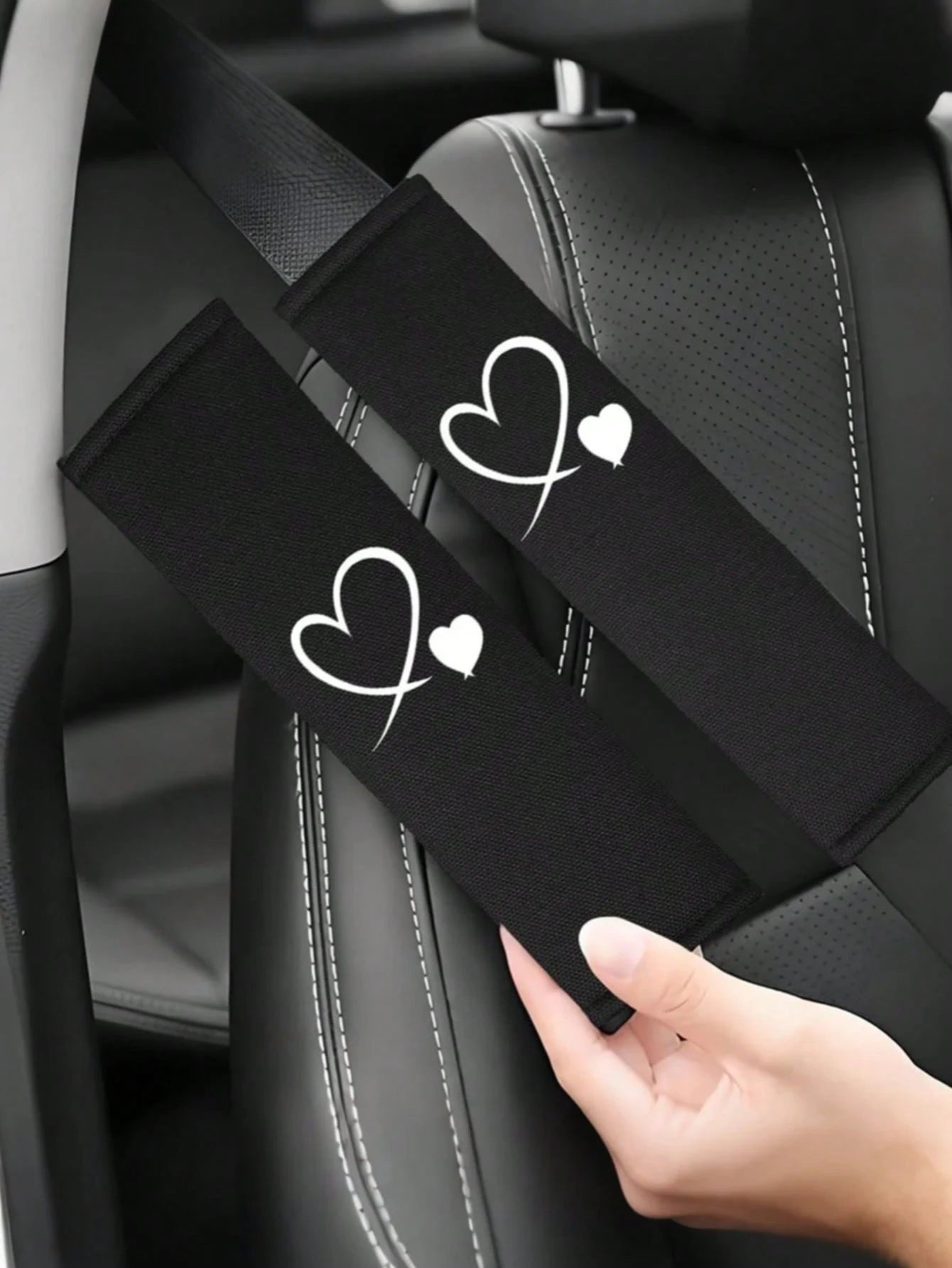 2pcs Heart Embroidered Car Seat Belt Shoulder Pads, Black Car Accessories, Soft Breathable Fabric, Enhance Interior Comfort, Upgrade Driving Experience, Fashion Design