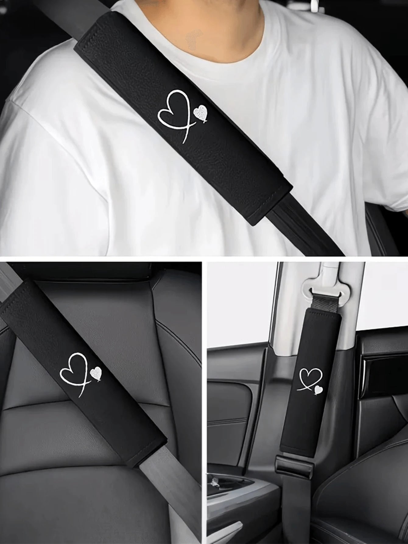 2pcs Heart Embroidered Car Seat Belt Shoulder Pads, Black Car Accessories, Soft Breathable Fabric, Enhance Interior Comfort, Upgrade Driving Experience, Fashion Design