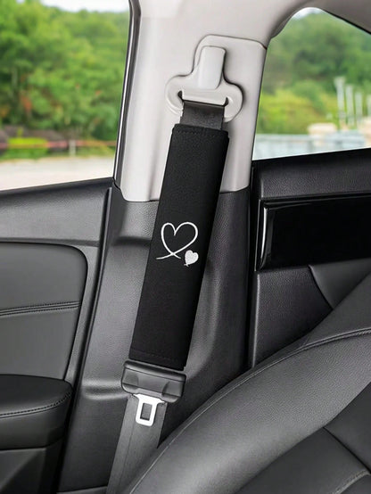 2pcs Heart Embroidered Car Seat Belt Shoulder Pads, Black Car Accessories, Soft Breathable Fabric, Enhance Interior Comfort, Upgrade Driving Experience, Fashion Design
