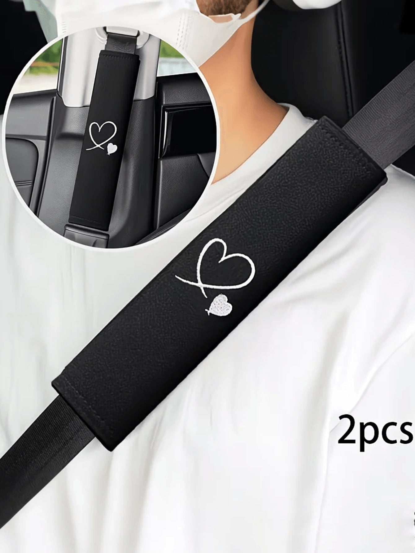 2pcs Heart Embroidered Car Seat Belt Shoulder Pads, Black Car Accessories, Soft Breathable Fabric, Enhance Interior Comfort, Upgrade Driving Experience, Fashion Design