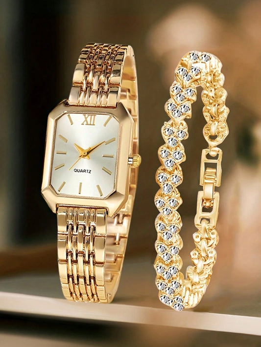 2pcs Ladies' Fashionable And Elegant Roman Scale Quartz Watch And Bracelet Set, Suitable For Ladies To Wear, Perfect As A Birthday/Holiday Gift, Perfect For Daily Life Such As Returning To School, Par