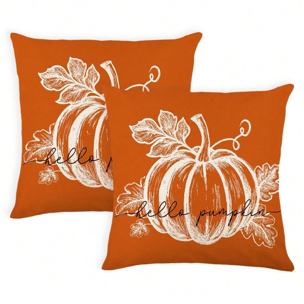 2pcs Orange Pumpkin Pillow Covers, Autumn Decorative Pillowcases, Rustic Thanksgiving Harvest Indoor/Outdoor Sofa Bed Porch Decor, Single-Sided, Pillow Insert Not Included