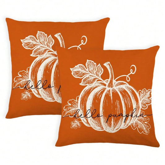 2pcs Orange Pumpkin Pillow Covers, Autumn Decorative Pillowcases, Rustic Thanksgiving Harvest Indoor/Outdoor Sofa Bed Porch Decor, Single-Sided, Pillow Insert Not Included