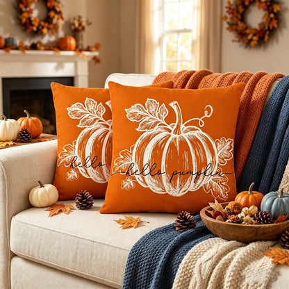 2pcs Orange Pumpkin Pillow Covers, Autumn Decorative Pillowcases, Rustic Thanksgiving Harvest Indoor/Outdoor Sofa Bed Porch Decor, Single-Sided, Pillow Insert Not Included