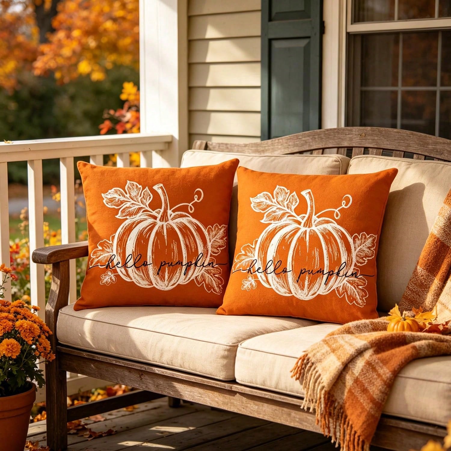 2pcs Orange Pumpkin Pillow Covers, Autumn Decorative Pillowcases, Rustic Thanksgiving Harvest Indoor/Outdoor Sofa Bed Porch Decor, Single-Sided, Pillow Insert Not Included