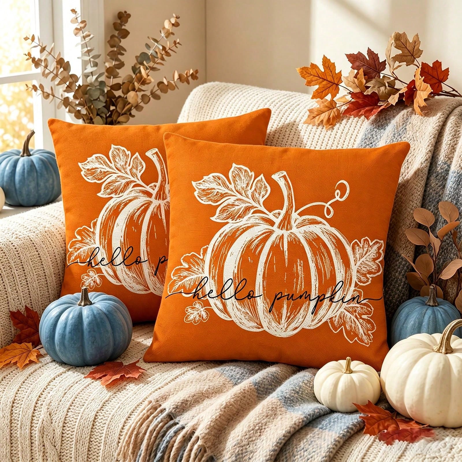 2pcs Orange Pumpkin Pillow Covers, Autumn Decorative Pillowcases, Rustic Thanksgiving Harvest Indoor/Outdoor Sofa Bed Porch Decor, Single-Sided, Pillow Insert Not Included
