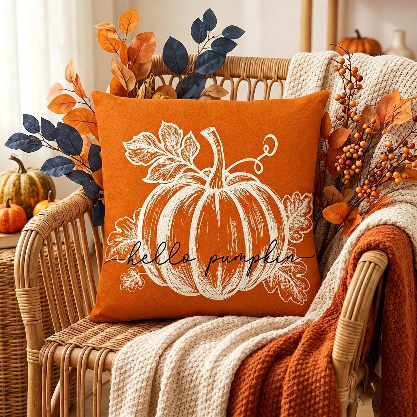2pcs Orange Pumpkin Pillow Covers, Autumn Decorative Pillowcases, Rustic Thanksgiving Harvest Indoor/Outdoor Sofa Bed Porch Decor, Single-Sided, Pillow Insert Not Included