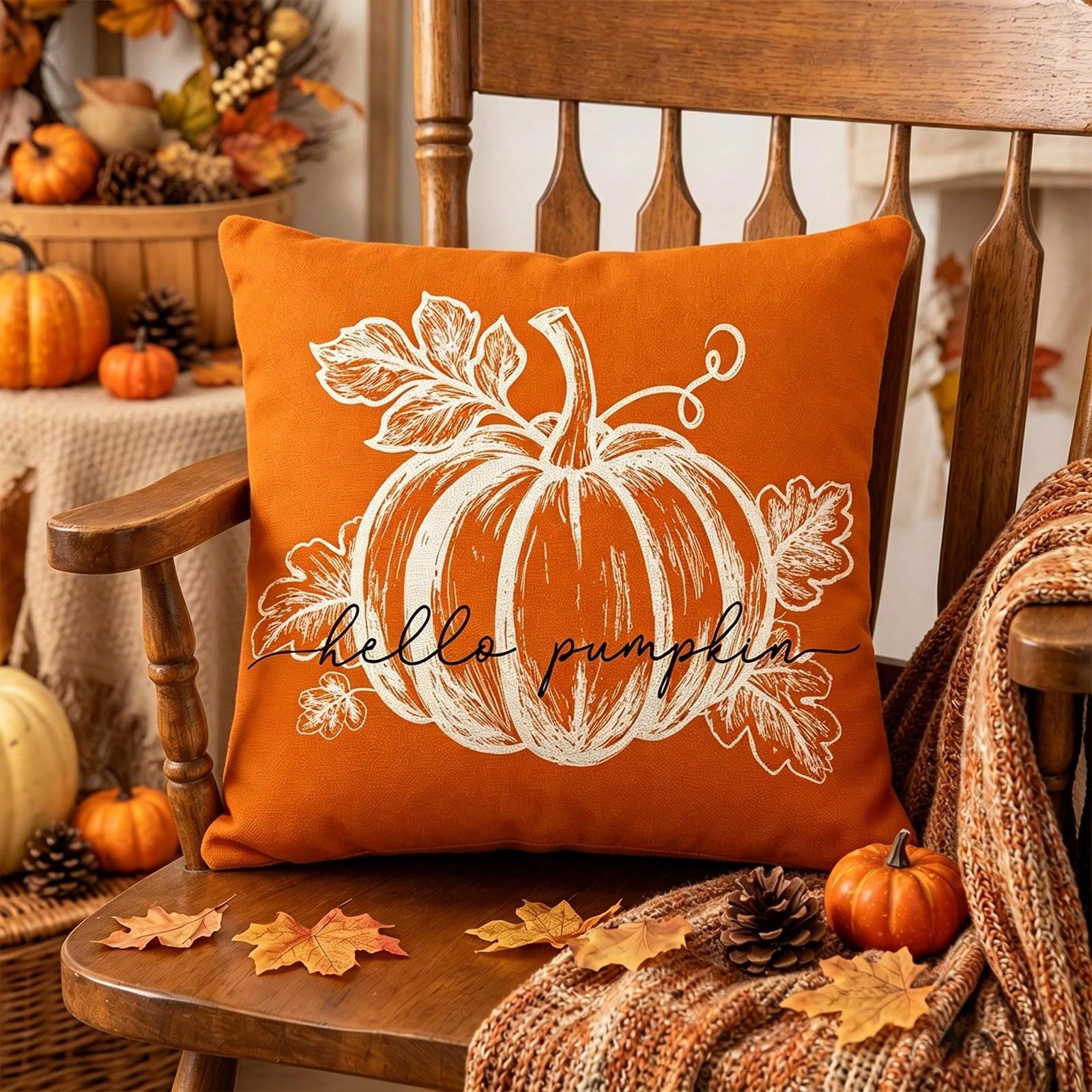 2pcs Orange Pumpkin Pillow Covers, Autumn Decorative Pillowcases, Rustic Thanksgiving Harvest Indoor/Outdoor Sofa Bed Porch Decor, Single-Sided, Pillow Insert Not Included