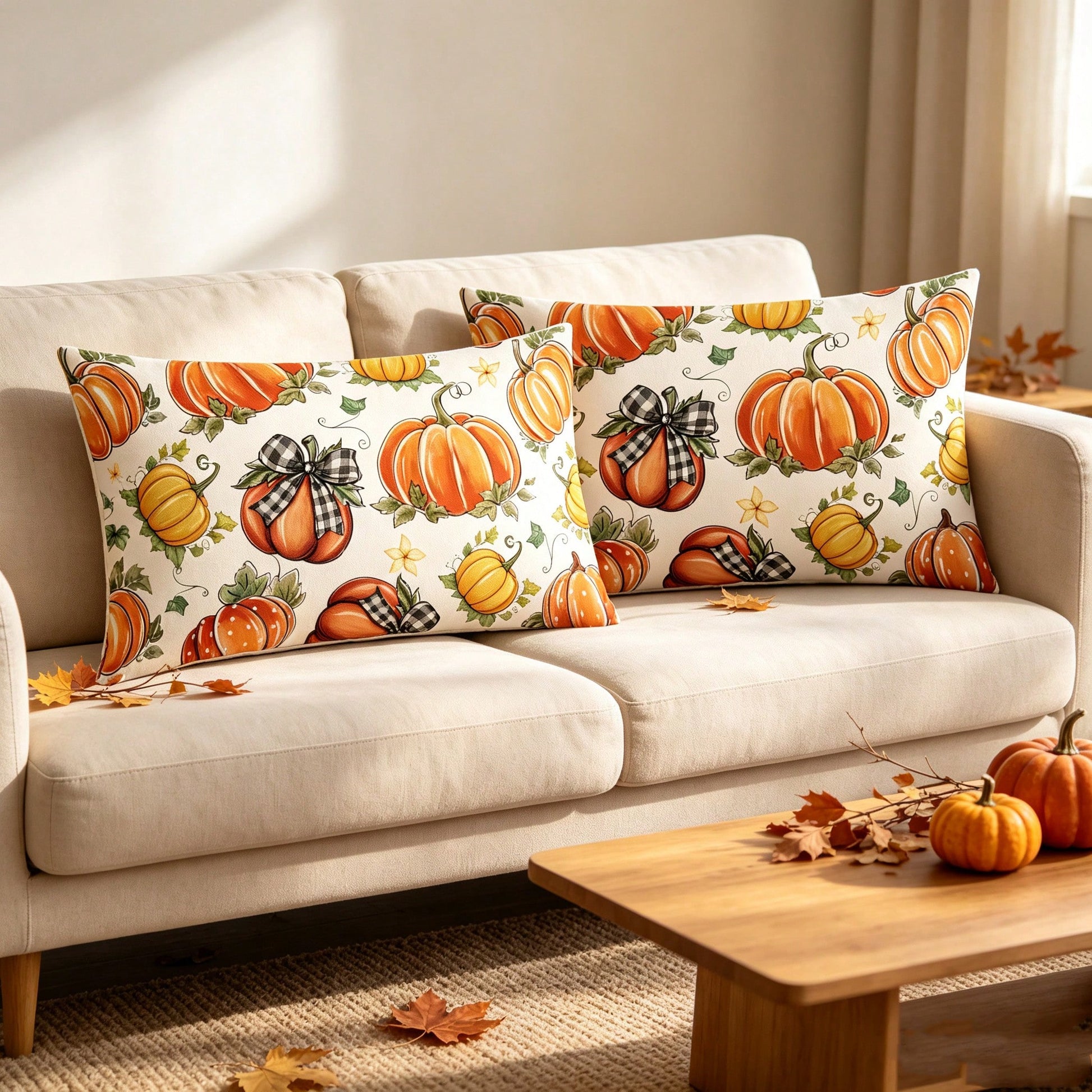2PCS Piece Set Of Autumn Pumpkin Pillow Covers, Watercolor Maple Leaf Harvest Decorative Cushion Covers, Perfect For Thanksgiving Farmhouse-Style Home Decor, Suitable For Living Room Sofa Decoration