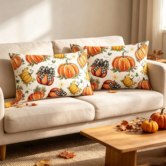 2PCS Piece Set Of Autumn Pumpkin Pillow Covers, Watercolor Maple Leaf Harvest Decorative Cushion Covers, Perfect For Thanksgiving Farmhouse-Style Home Decor, Suitable For Living Room Sofa Decoration