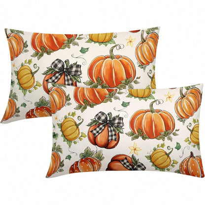 2PCS Piece Set Of Autumn Pumpkin Pillow Covers, Watercolor Maple Leaf Harvest Decorative Cushion Covers, Perfect For Thanksgiving Farmhouse-Style Home Decor, Suitable For Living Room Sofa Decoration