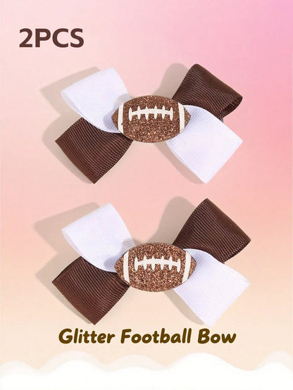 2pcs Rugby Hair Bows For Girls Sparkling Football Glitter Decor Bow Hair Clips Sporty Style Hairpins Grosgrain Ribbon Cheer Bow Girls Holiday Party Outfit Decor Stuff Gift Kids Baby Hair Accessories