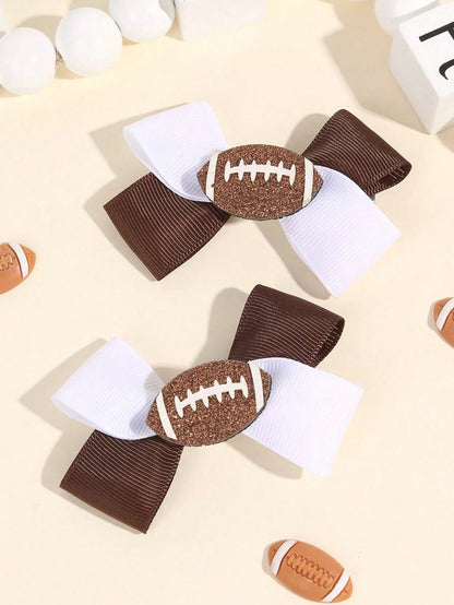 2pcs Rugby Hair Bows For Girls Sparkling Football Glitter Decor Bow Hair Clips Sporty Style Hairpins Grosgrain Ribbon Cheer Bow Girls Holiday Party Outfit Decor Stuff Gift Kids Baby Hair Accessories