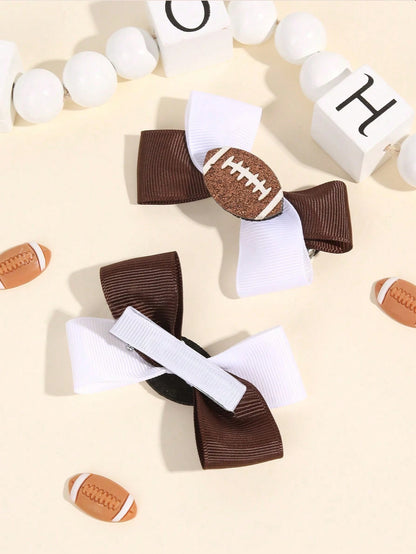 2pcs Rugby Hair Bows For Girls Sparkling Football Glitter Decor Bow Hair Clips Sporty Style Hairpins Grosgrain Ribbon Cheer Bow Girls Holiday Party Outfit Decor Stuff Gift Kids Baby Hair Accessories