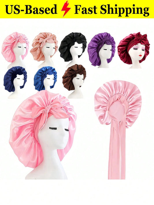 2pcs Satin Sleeping Bonnet Large Silk Sleep Cap With Long Strap Wide Brim High Elasticity Cap With Adjustable Bow Tie For Curly/Braided/Natural Hair