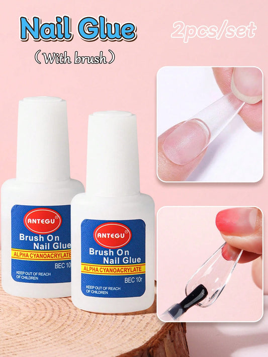 2pcs/Set 10g Fake Nail Glue Nail Adhesive With Brush, Suitable For Nail Art Rhinestones, Quick Dry UV Gel Glue, Nail Art Patch Tool