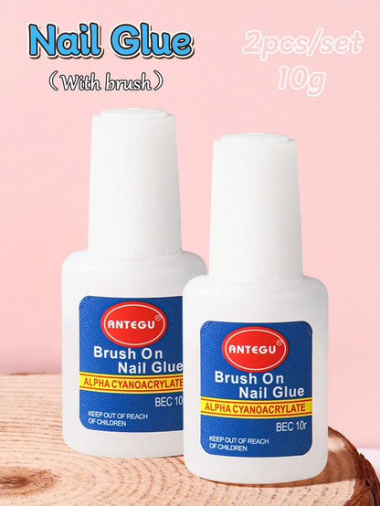 2pcs/Set 10g Fake Nail Glue Nail Adhesive With Brush, Suitable For Nail Art Rhinestones, Quick Dry UV Gel Glue, Nail Art Patch Tool
