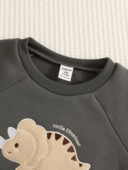 2pcs/Set Baby Boy Autumn/Winter Cute Knitted Cartoon Pattern Long Sleeve Sweatshirt & Pants Tracksuit Joggers Dinosaur Outfit Infant Set