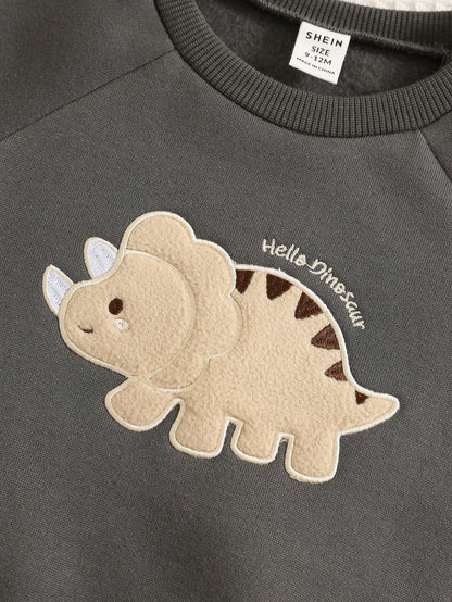 2pcs/Set Baby Boy Autumn/Winter Cute Knitted Cartoon Pattern Long Sleeve Sweatshirt & Pants Tracksuit Joggers Dinosaur Outfit Infant Set