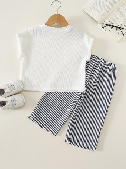 2pcs/Set Baby Boy Baby Girl Unisex Baby Clothes Summer Short Sleeve Letter T-Shirt Top & Flared Wide Leg Pants Outfit, Infant Set, Summer Set, Autumn Set, Holiday Set