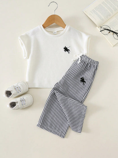 2pcs/Set Baby Boy Baby Girl Unisex Baby Clothes Summer Short Sleeve Letter T-Shirt Top & Flared Wide Leg Pants Outfit, Infant Set, Summer Set, Autumn Set, Holiday Set