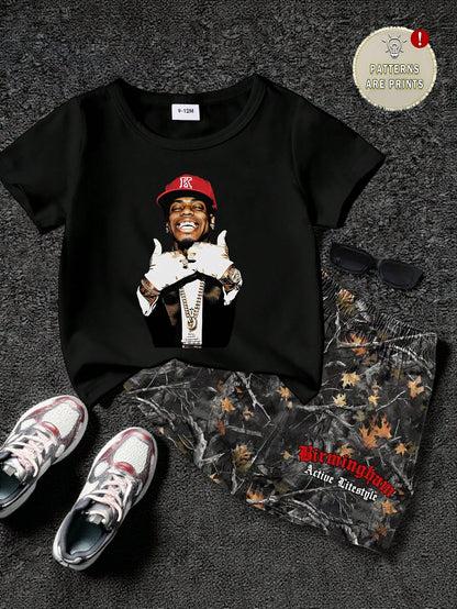 2pcs/Set Baby Boy Black Summer Casual City Break Street Style,Cool Red Cap Boy Portrait Short Sleeve T-Shirt And Leaf Number Print Shorts Outfit Set
