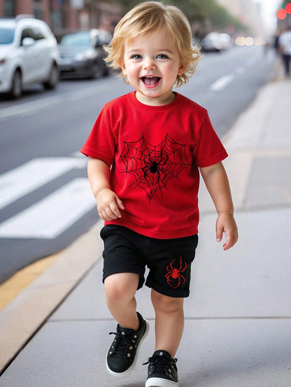 2pcs/Set Baby Boy Black Summer Casual City Break Street Style,Cool Red Cap Boy Portrait Short Sleeve T-Shirt And Leaf Number Print Shorts Outfit Set